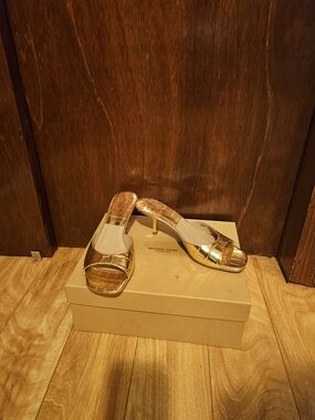 Michael Kors Metallic Gold Croc-Embossed Slide Sandals